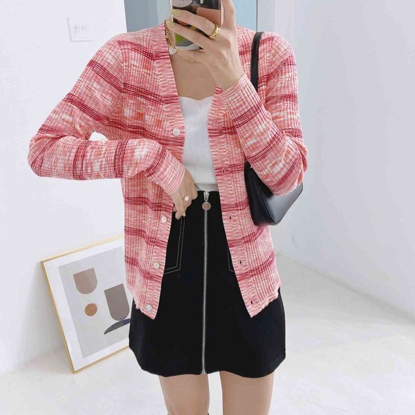 

sweater 2021 elastic pit strip rainbow color v-neck cardigan women mvem, White;black