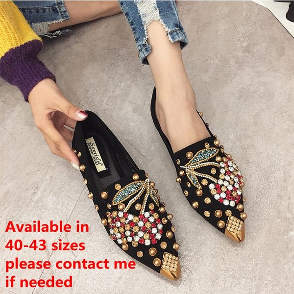 

swyiyv woman flats shoes rhinestone cherry spring new female metal pointed toe casaul shoes comfortable flats loafers shoes, Black