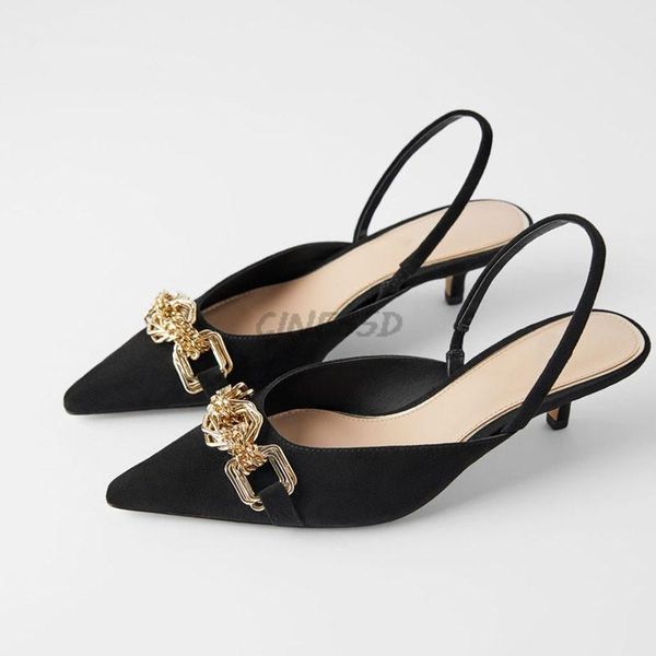 

dress shoes chain women pointed toe thin heel slingbacks, Black