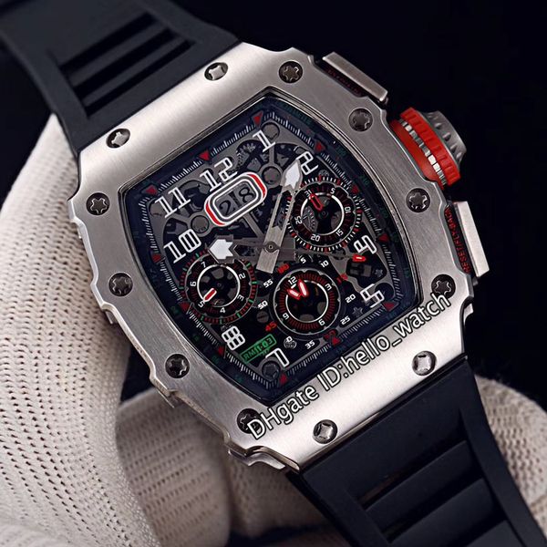 

43mm flyback chrono rm11-03rg watches big date steel case rm11-03 skeleton black dial miyota automatic mens watch rubber strap gents sport h, Slivery;brown