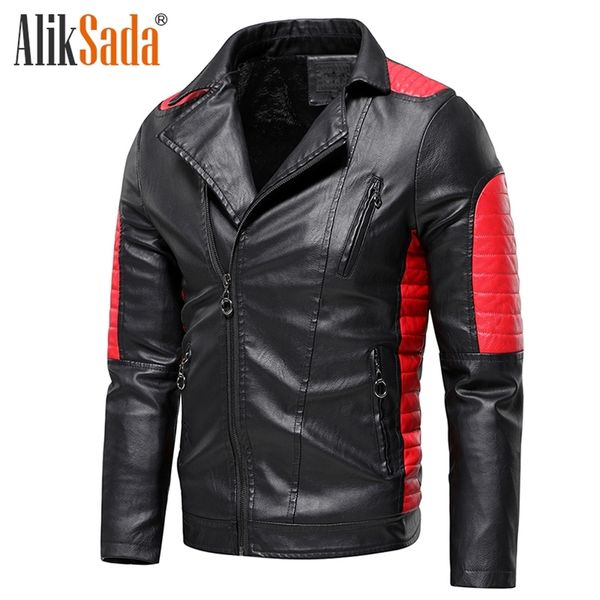 

men's autumn winter motor biker vintage warm fleece leather jacket men outwear casual classic punk style bomber coat 210923, Black