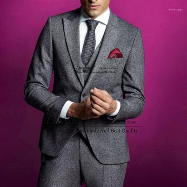 

men's suits & blazers classic grey tweed mens slim fit suit 3 piece formal business blazer set wedding groom tuxedos jacket pants vest, White;black