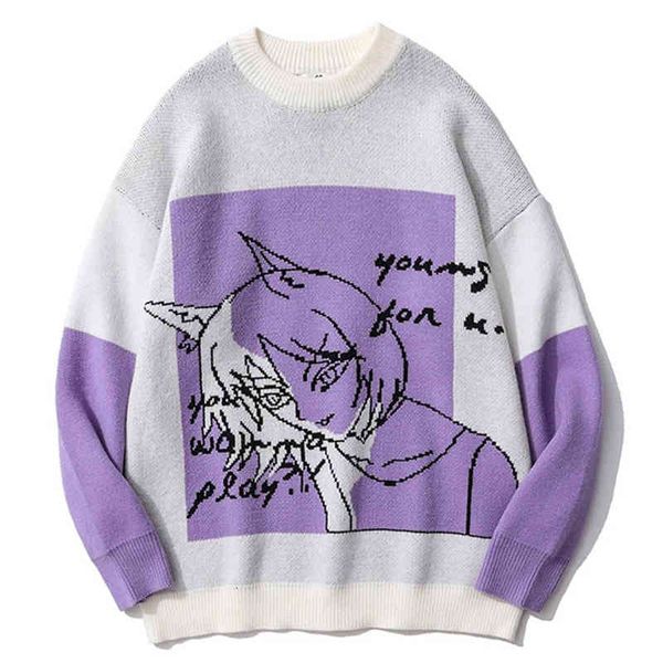 

men's sweaters suÃ©ter de malha estilo harajuku, blusÃ£o unisalgodÃ£o com estampa anime japonÃªs, suÃ©ter casual solto para outono e inverno, White;black