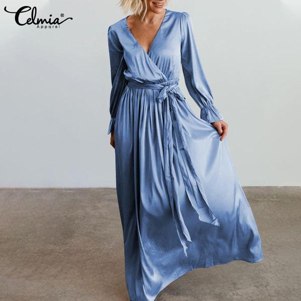 

casual dresses 2021 celmia elegant satin dress women v neck long sleeve bandage maxi sundress solid ruffled party vestido robe, Black;gray