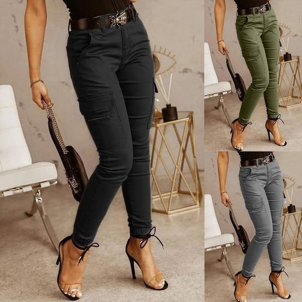 

casual high waist summer solid women jeans color zipper pocket design denim streetwear cargo femme jean without belt, Blue