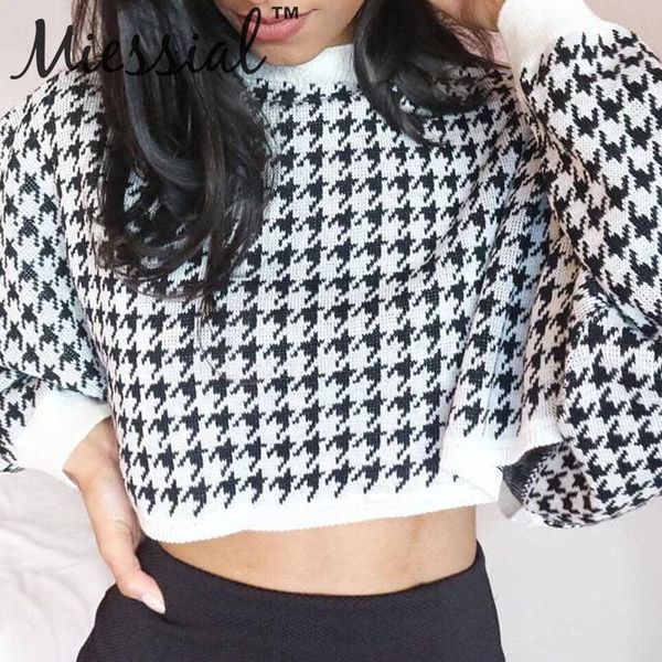 

women's sweaters miessial houndstooth knitted fluffy sweater women winter casual soft female pullovers o-neck short autumn, White;black