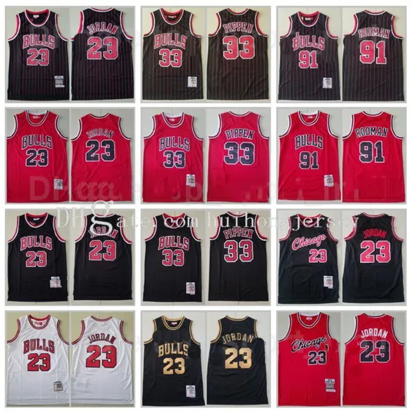 En Kaliteli Mitchell ve Nessbasketball Scottie Pippen Jersey 33 Dennis Rodman 91 Michael 23 V Nefes Takım Kırmızı Beyaz Şerit Siyah Vintage Basketbol Forması