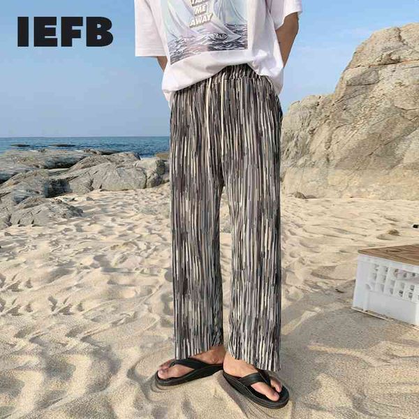 

iefb pleated ice silk wide leg pants men's korean trend long pants summer lightweight loose casual straight trousers 9y7215 210524, Black