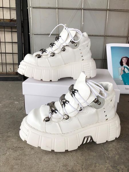 

boots women's punk metal decoration lace up ankle white black thick bottom leather shoes b8