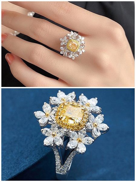 6 Blumen 2 gelbe Kristall-Citrin-Edelsteine, Diamanten, Ringe für Frauen, Weißgold, silberfarben, Schmuck, Bague, Hochzeitsgeschenke