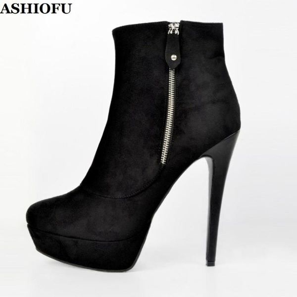 

boots ashiofu handmade ladies high heel kid-suede platform party prom ankle booties large size evening fashion, Black
