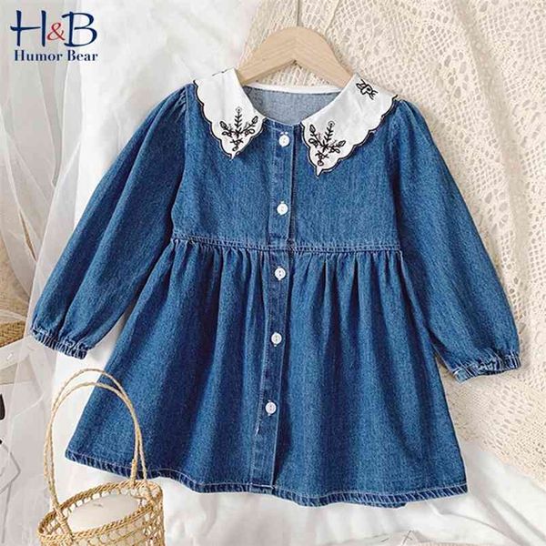 

autumn denim dress girls lapel print puff sleeve embroidery korean long baby kids 210611, Red;yellow