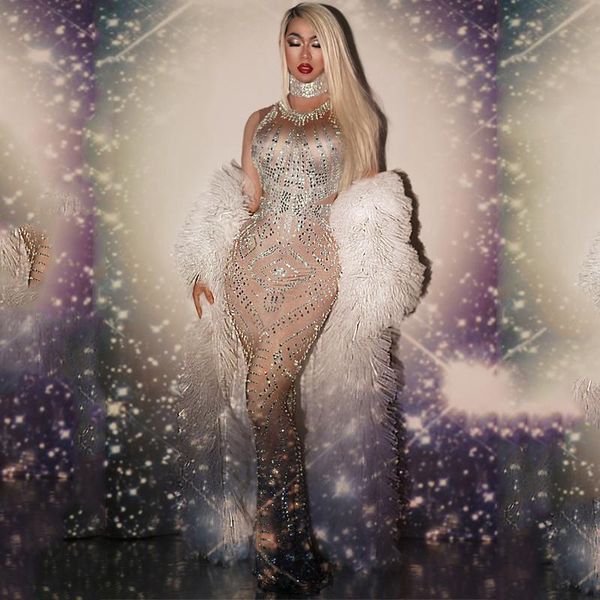 

stage wear female singer rhinestone dress elasticity fake through meat one-piece evening drag queen costumes dn10061, Black;red