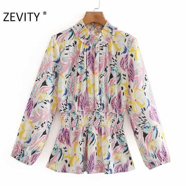 

zevity women fashion colorful graffiti print casual smock blouse shirts women elastic stand collar chic blusas brand ls7051 210603, White