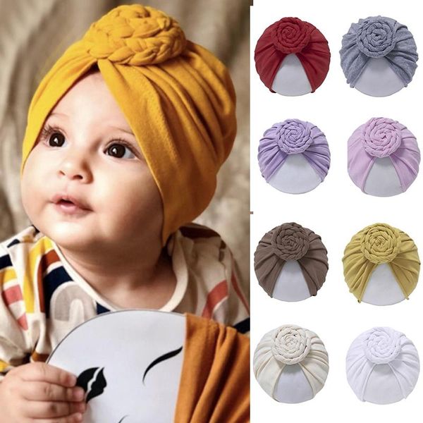 

beanies 2021 born solid color turban cap baby girl boy cotton beanie hat autumn winter thick big bow shower props