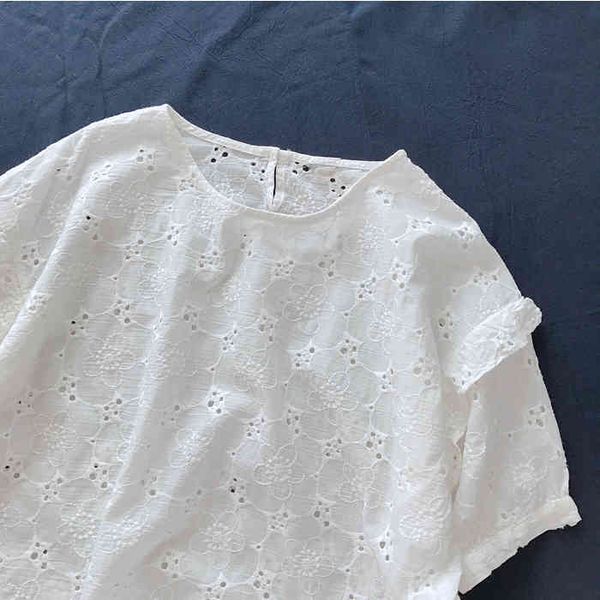 

women's t-shirt lamtrip unique floral hollow out embroidery ruffles short sleeve o-neck cotton white women 2021 summer q89j