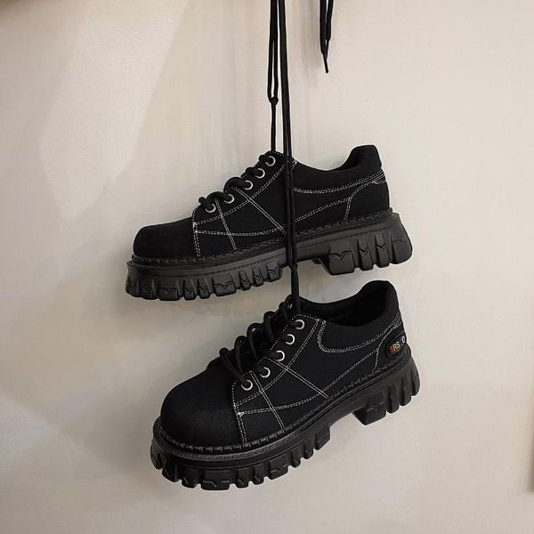 

dress shoes retro tie girl's college wind big head all-match bright line muffin sole canvas oxford small leather, Black