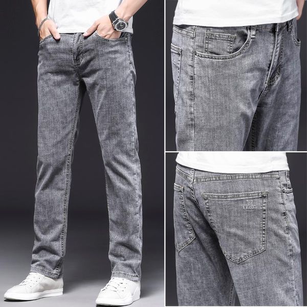 

men's jeans spring summer cotton slim elastic brands business pants trousers classic style gray blue denim male 40