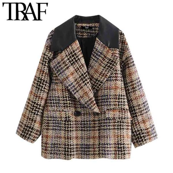 Frauen Mode Patchwork Check Lose Tweed Blazer Mantel Vintage Langarm Taschen Weibliche Oberbekleidung Chic Tops 210507