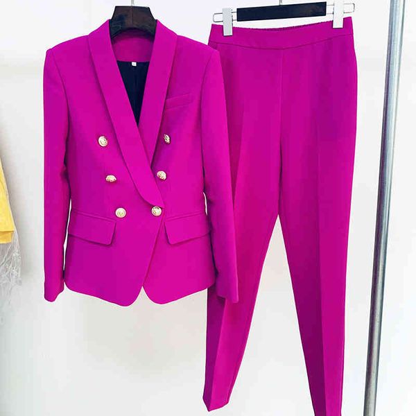 

women's two piece pants purple yellow pink uits set women office ladies double breasted golden buttons nine blazer formal suits dzi4, White