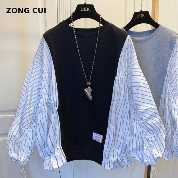 

korean block color contrast striped hoodie women's 2021 spring and autumn round neck bat sleeve loose street style pullover hoodies & s, Black