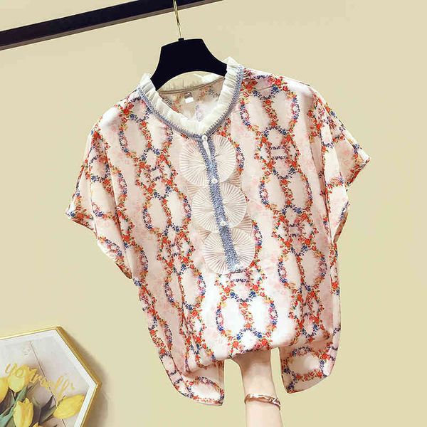 

chinese style floral shirts summer elegant women's short sleeves ruffles neck shirt ladies blouse blusas a3409 210428, White