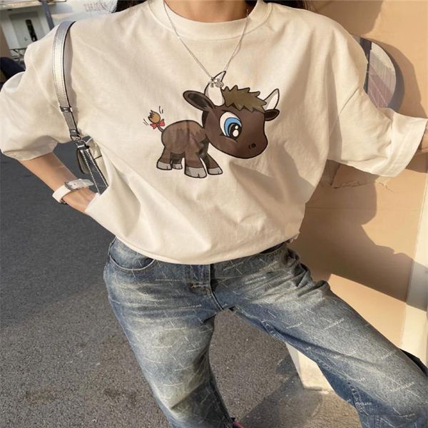 

women's t-shirt paris fire ins super tide brand ox year limited cute calf print short-sleeved female loose version couple cotton n097, White