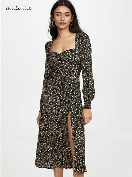 

casual dresses yinlinhe black yellow vintage high wait spring dress long sleeve split party women floral beach vestidos holiday 1440, Black;gray