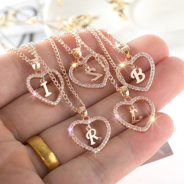 

pendant necklaces womens jewelry name initials heart necklace 26 letters zircon love girls gifts the first letter accessories, Silver