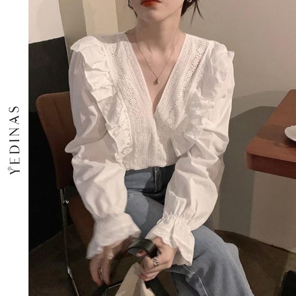 

yedinas casual ruffle blouse shirt autumn spring long sleeve women shirts elegant lady v-neck streetwear plus size 4xl women's blo, White