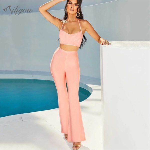 Senhoras de Verão Duas Peças Legais Pants Celebridade Partido Sexy Bodycon Mangas Italian Pink Cintura Alta Calças 210525