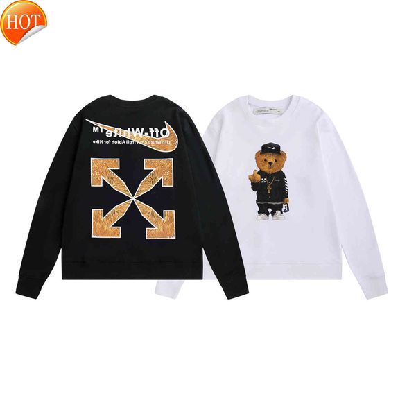 

new 21ss autumn and winter off co branded big hook brown bear cartoon series printed loose terry round neck sweater, Black