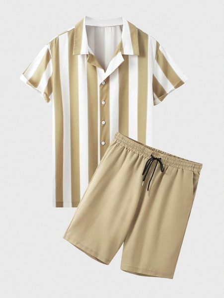 

men vertical striped button through shirt & shorts 37em#, Gray