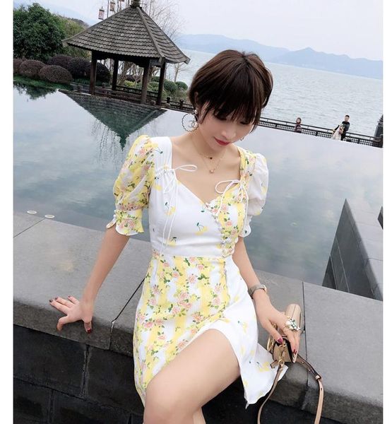 

party dresses women silk blend flower print short sleeve square neck two-color contrast patchwork mini dress with button closure & drawstrin, White;black