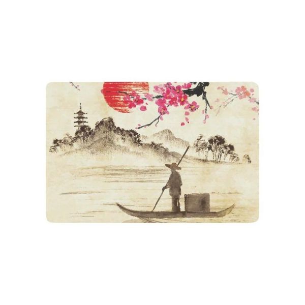 

carpets creative classical japanese ink painting anti-slip door mat home decor, sunset sakura branches fishman lake landscape