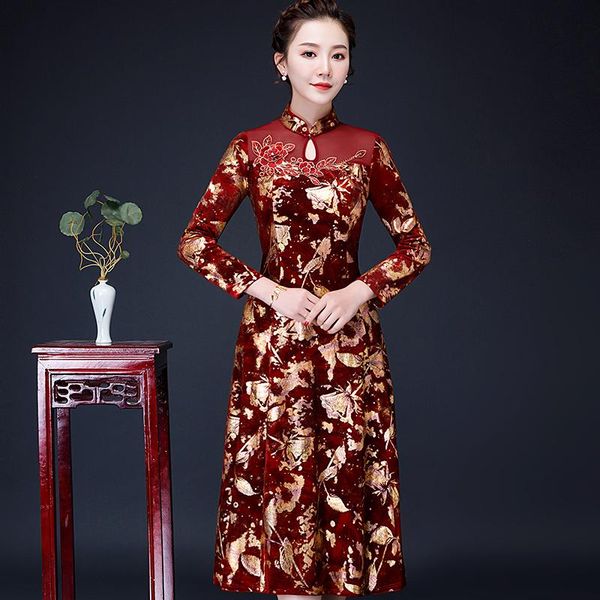 

casual dresses spring fall vintage womens female embroidery rhinestone cheongsam velvet dress , women 4xl printed floral velour qipao, Black;gray