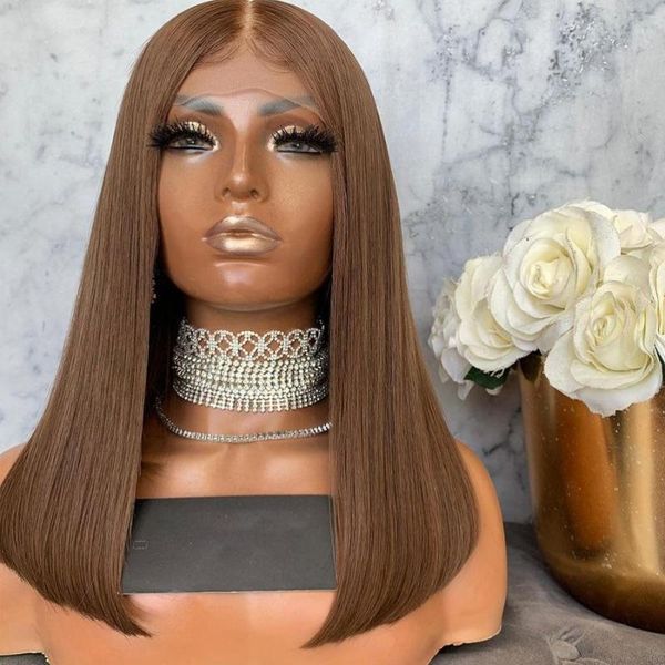 

synthetic wigs chocolate color brwon silky straight natural hairline lace front wig for black with baby hair women glueless