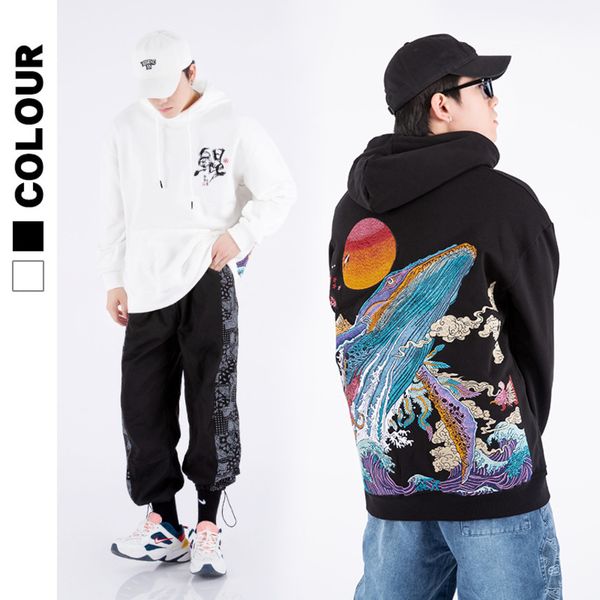 

guochao autumn and winter new shark heavy industry embroidery hooded sweater large men's pullover plush thickened, Black