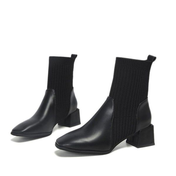 

boots beige black shoes for women's high heels autumn winter leather ankle 2021 fashion ladies korean wedges socks 35-40