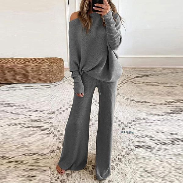 

women's two piece pants knitted casual suit women 2 set spring autumn loose pullover + wide leg sports lady soft tracksuits, White