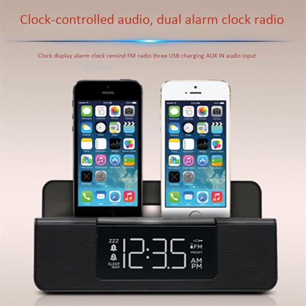 

radio large screen clock control dual alarm speaker 3 port usb mobile phone charger bracket audio fm radios aux sound mp3
