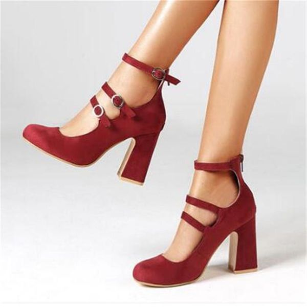 

sandals women's suede ankle strap comfortable ladies summer square heels fashion narrow band round toe pumps, Black