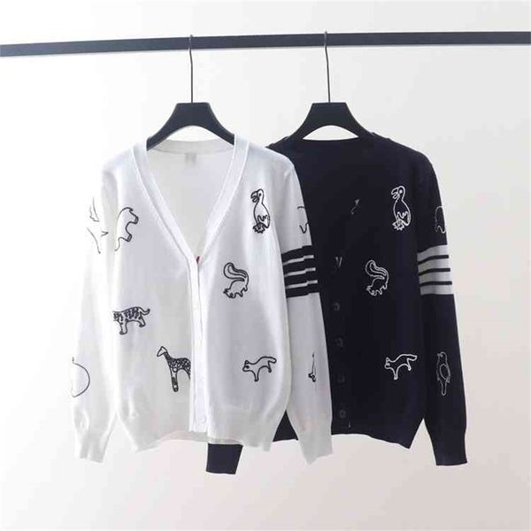 

autumn and winter new tb animal pattern three-dimensional embroidery v-neck cardigan women's long sleeve versatile sweater coat, White