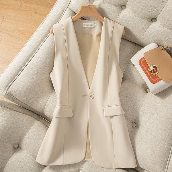 

women's vests beige suit vest jacket female 2021 summer fashion korean one button simple black sleeveless women waistcoat aq1123, Black;white