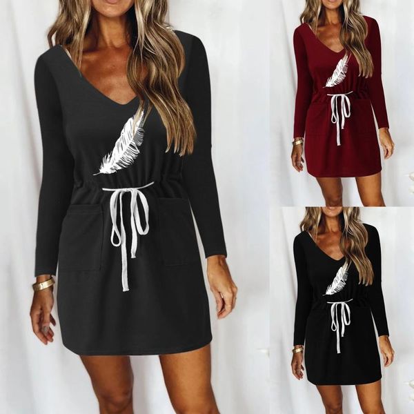 

casual dresses autumn light long sleeves v-neck prints waist drawstring pockets vestidos de mujer mini for women, Black;gray