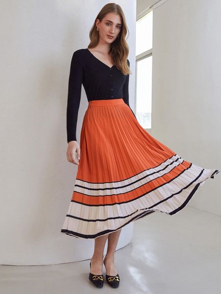 

motf premium striped pleated skirt r4lc#, Black