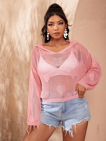 

plus heart pattern open knit hooded sweater without bra h9bt#, Black