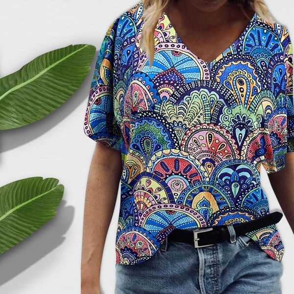 

women's t-shirt 4# woman tshirts boho beach printing t-shirts loose round o-neck printed short sleeve elegant leisure camisetas, White