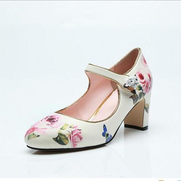 

dress shoes luxury design pink rose floral printing pumps women round toe chunky high heels mary jane lady party wedding on sale, Black