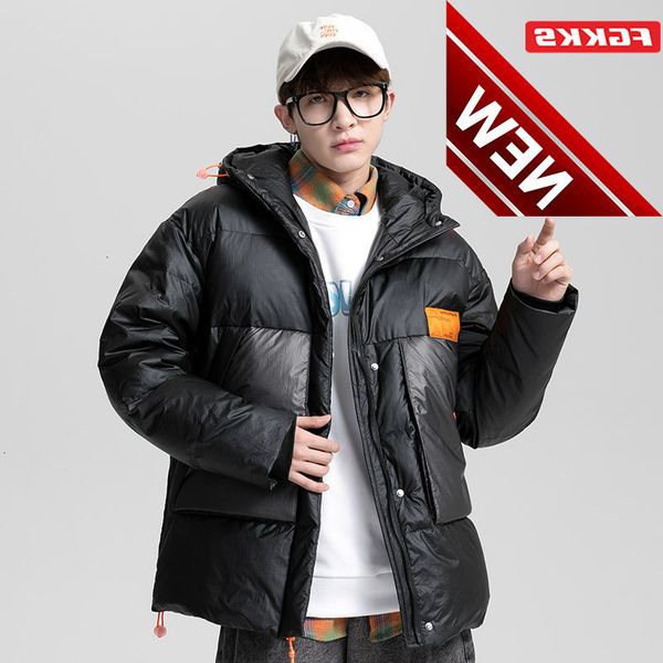 

fgkks trend brand men fashion down jacket high street hooded coat casual warm white duck coats male, Black